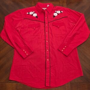 VTG Ely Diamond Western Shirt Mens L Red Floral Embroidered Pearl Snap Cowboy